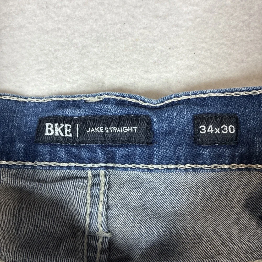 BKE Jake Straight Jeans Mens 34x30 Blue Medium Wash Denim Distressed Thrashed